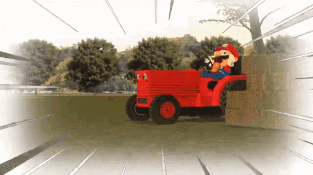 a cartoon of mario driving a lawn mower in a park