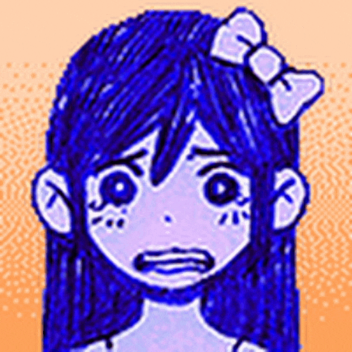 a girl with blue hair and a bow in her hair is making a sad face .