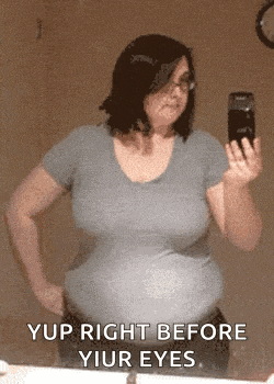 a woman is taking a selfie in front of a mirror with the caption " yup right before your eyes "