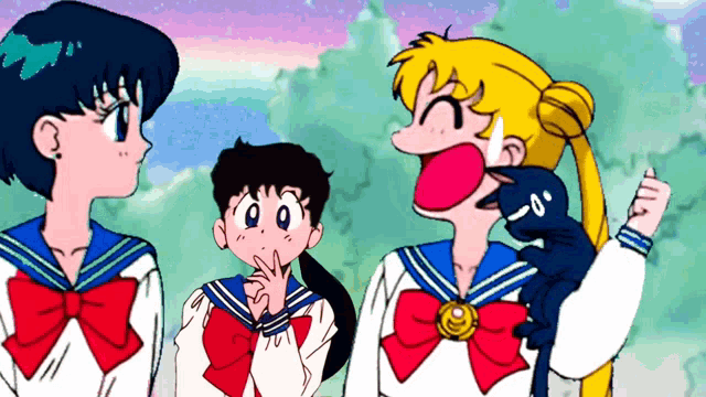 a group of anime girls are standing next to each other with one girl holding a black cat