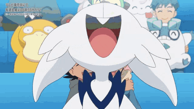 a cartoon of a person holding a white monster with a red nose