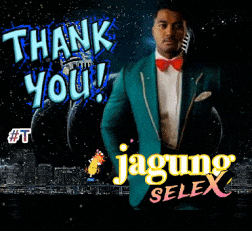 a man in a suit and bow tie is standing in front of a sign that says " thank you "