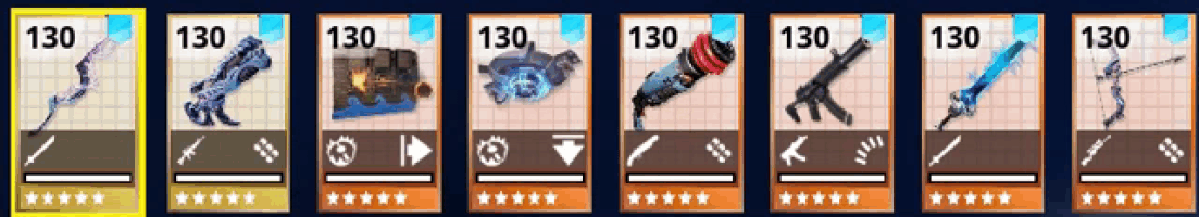 a row of weapons with the number 130 on the bottom