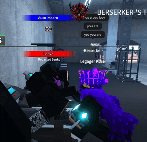 a screenshot of a video game with auto macro at 50 and berserker 's t at the top