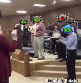 a group of people are standing in a room with the words beep boopbotz.io written on the bottom