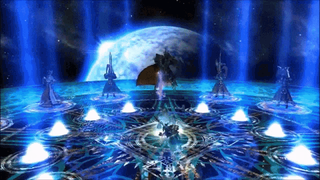 a group of people are standing in a circle in a dark room with a planet in the background