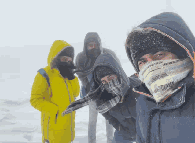 a group of people standing in the snow with hoods on