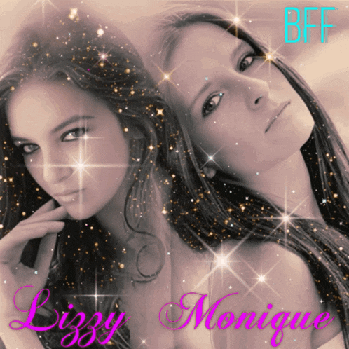 a black and white photo of two women with the name lizzy monique on the bottom