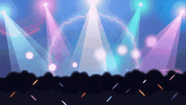a cartoon drawing of a stage with spotlights and a crowd watching