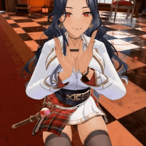 a girl in a plaid skirt is kneeling down with her hands together