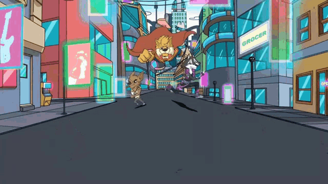 a cartoon illustration of a city street with a grocery store in the background