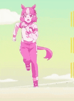 a pink anime girl with a horse tail is running on a field .