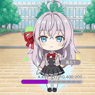a girl with gray hair and blue eyes is standing in front of a building with a purple bar that says 4,453,532
