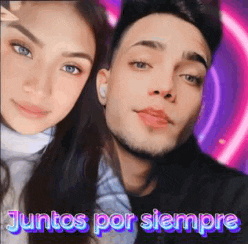 a man and a woman are posing for a picture and the words juntos por siempre are on the bottom