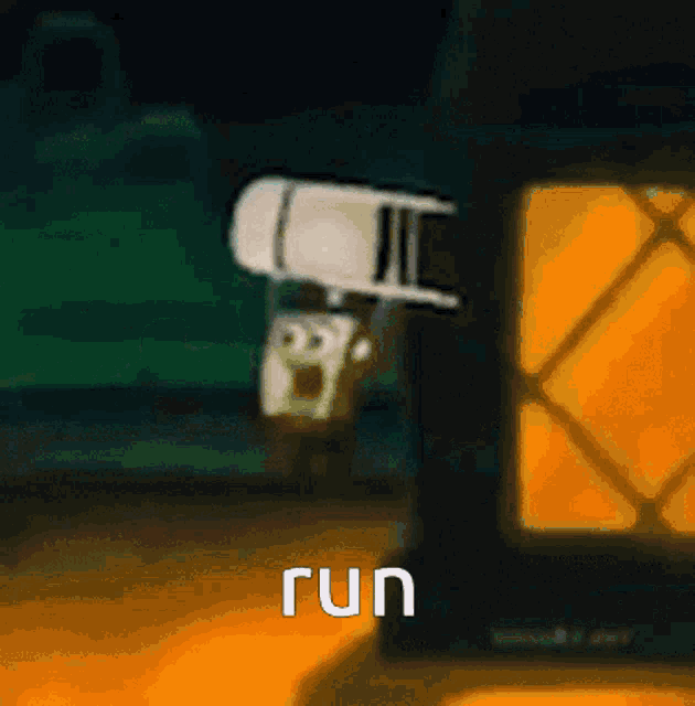 a cartoon character with the word run on the bottom left