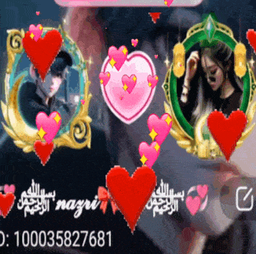 a man and a woman are surrounded by hearts and the number 1000358276781 is next to them