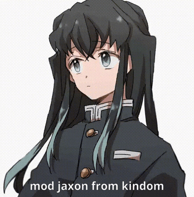 a drawing of a boy with long black hair and the words mod jaxon from kindom
