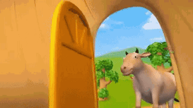 a cartoon of a man looking out of a doorway at a cow .