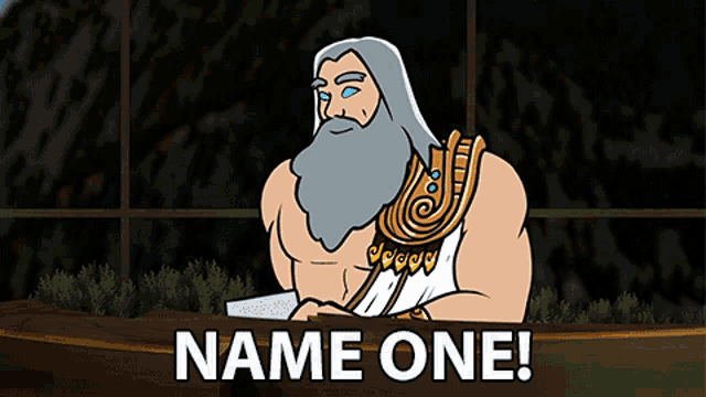 a cartoon of a man with a beard and the words name one on the bottom
