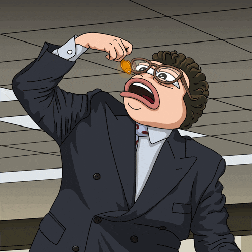 a cartoon drawing of a man in a suit eating something