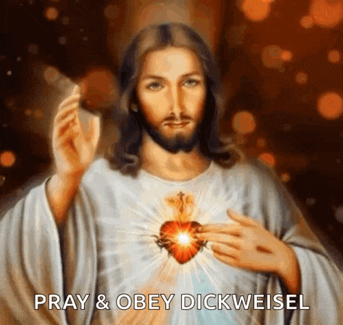 a painting of jesus with a heart in his hands and the words pray & obey dickweisel