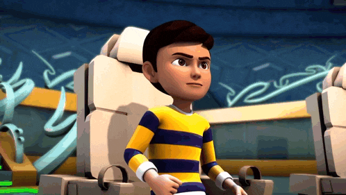 a young boy in a yellow and blue striped shirt is sitting in a chair