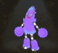 a purple monster is holding purple pom poms and wearing a blue and white dress .