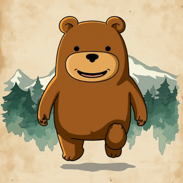 a cartoon drawing of a brown bear walking in a forest