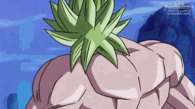 a cartoon of a man with green hair and the words dragonball heroes on the bottom right