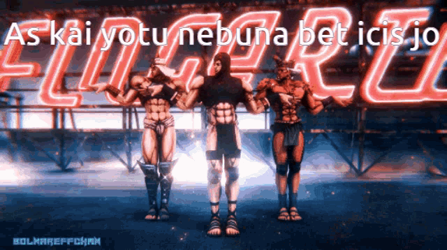a group of people are standing in front of a neon sign that says ' as kai yotu nebuna bet icisja '