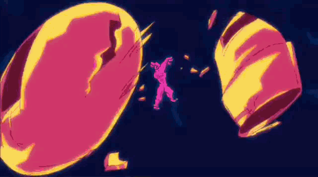 a cartoon drawing of a person standing in front of a giant purple and yellow object .