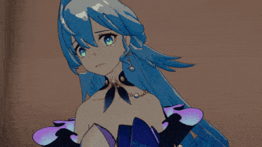 a cartoon character with blue hair and a necklace with the letter s on it