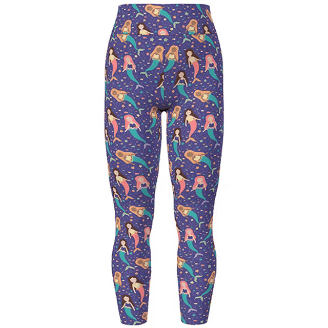 purple leggings with mermaids on them on a white background