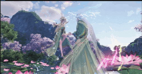 a painting of a man and a woman dancing in a field of flowers