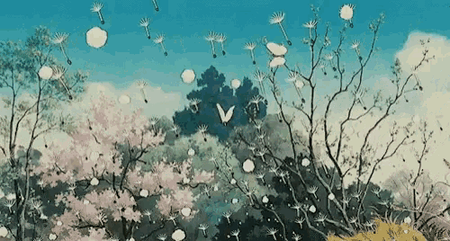 a butterfly is flying over a forest with flowers and dandelions flying in the air .
