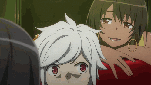 a girl with white hair and red eyes looks at another girl with brown hair