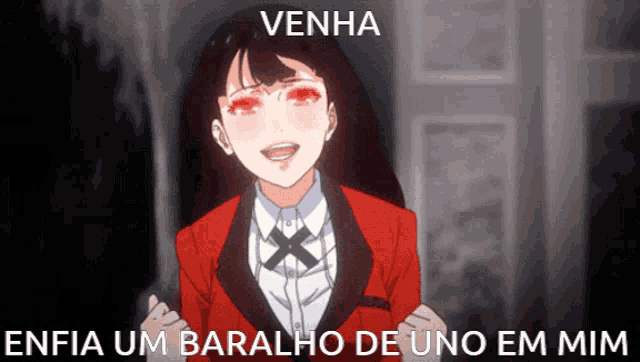 a picture of a girl with red eyes and the words venha