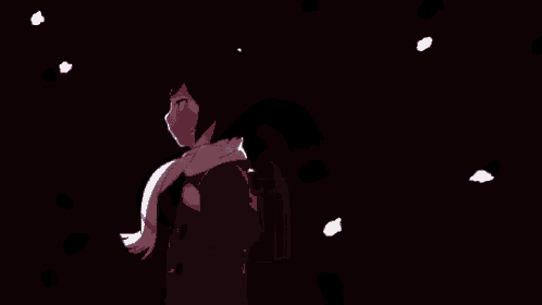 a cartoon character is standing in the dark with snow falling .