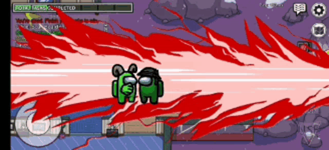 a green among us character is surrounded by red flame