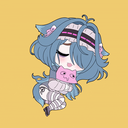 a drawing of a girl with blue hair holding a pink cat on a yellow background
