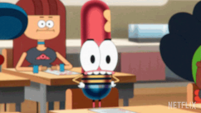 a cartoon character is sitting at a desk with a netflix logo in the background