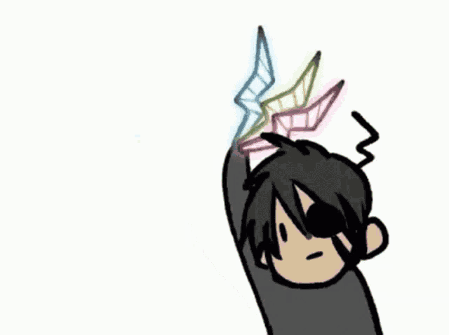a cartoon of a person holding a rainbow lightning bolt in their hand .