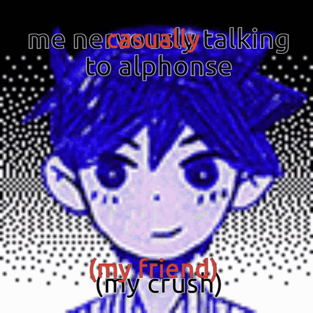 a pixel art of a boy with the words " me nervously talking to alphonse "
