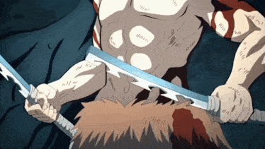 a cartoon character is holding a sword with sharp edges