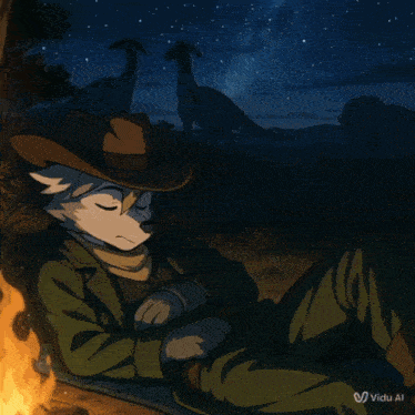 a cartoon of a cowboy sleeping in front of a fire with the words dobranoc wam written above him