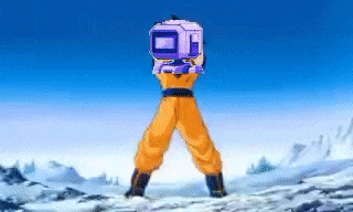 a pixel art of a person holding a purple box on their head