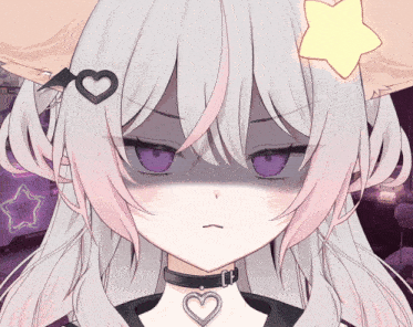 a girl with white hair and purple eyes has a heart shaped hair clip