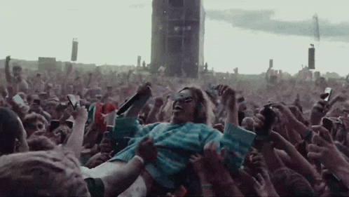 a woman is being lifted in the air by a crowd of people at a music festival .
