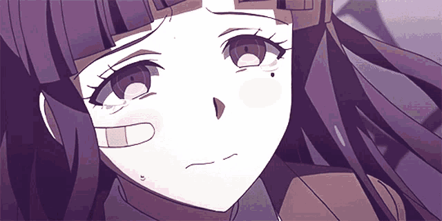 a close up of a purple haired anime girl with a bandage on her face