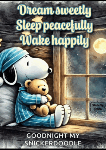 a picture of snoopy holding a teddy bear with the words " dream sweetly sleep peacefully wake happily " on it